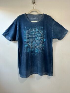 Third & Army Denim Co. Blue Novelty Graphic Crew T-Shirt Sz L Thrashed Acid Wash